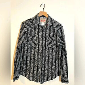 VTG Wrangler American Cowboy Paisley Pearl Snap Shirt Western Rodeo Black/White